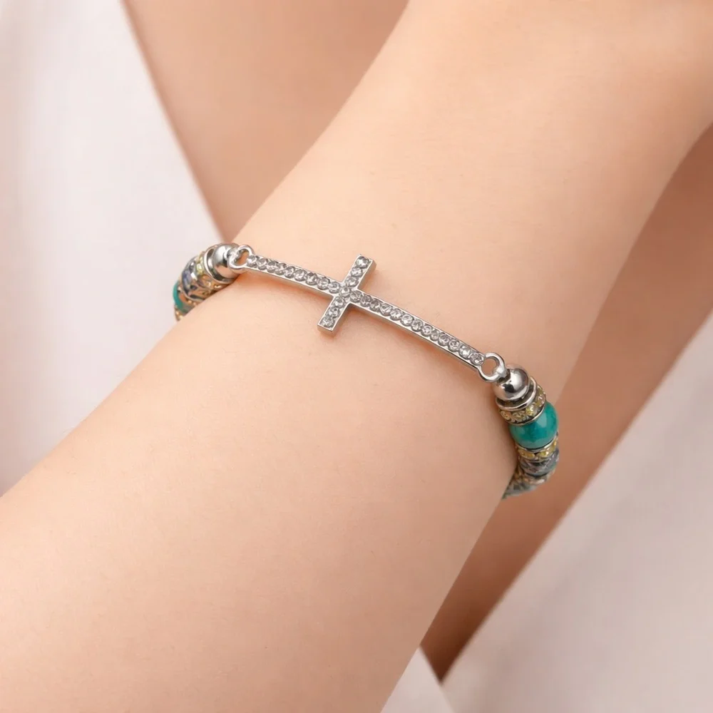 Sideways Cross Stretch Bracelet with Turquoise Beads & Crystal Rhinestones